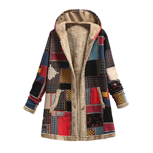 Street-Wave Patchwork Quilted Women Coat With Pockets Fur-Lined Warm Long Sleeve Jacket