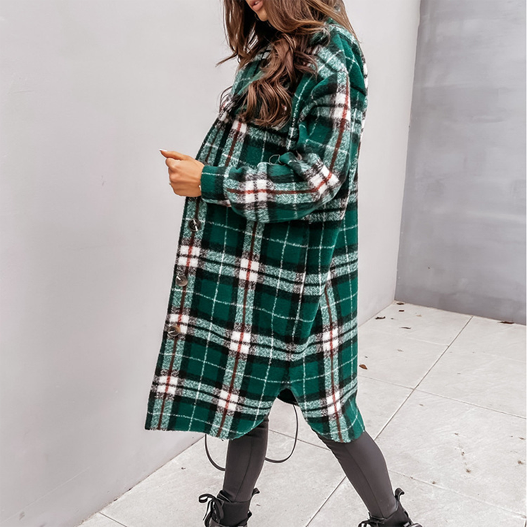 Street Wave Long Plaid Coat For Women Cozy Winter Warmth With Pockets Stylish Autumn Outfit