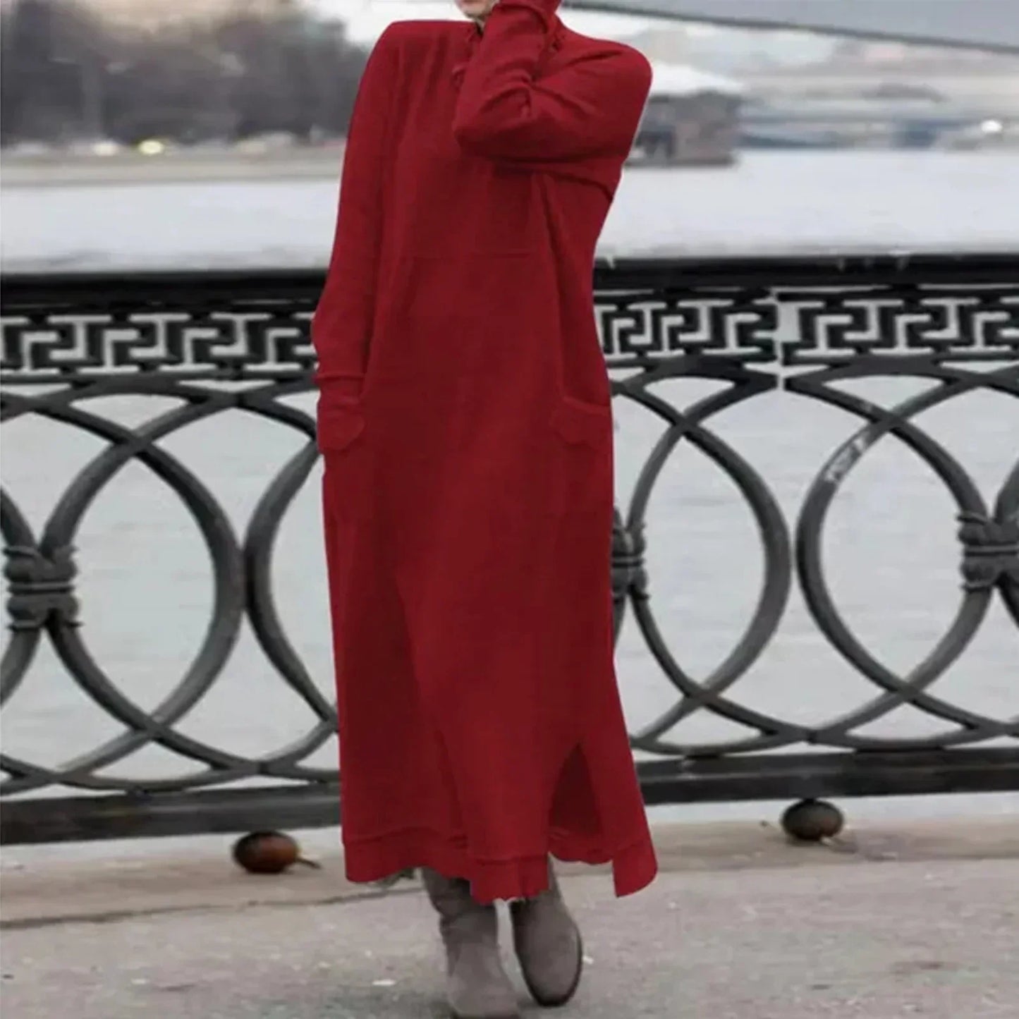 Street-Wave Cozy Winter Dress With Round Neck And Pockets For Women Warm Layering Ready