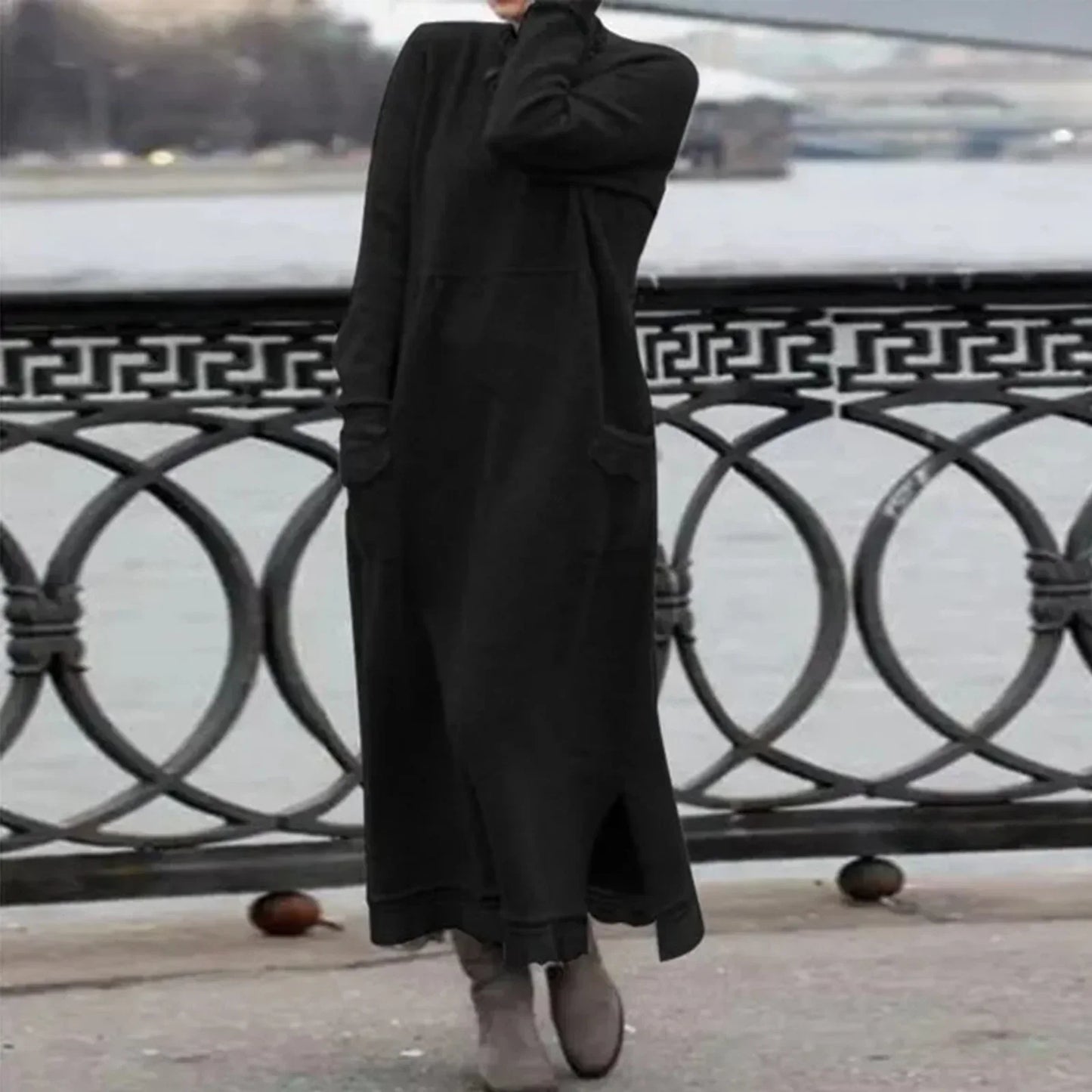 Street-Wave Cozy Winter Dress With Round Neck And Pockets For Women Warm Layering Ready