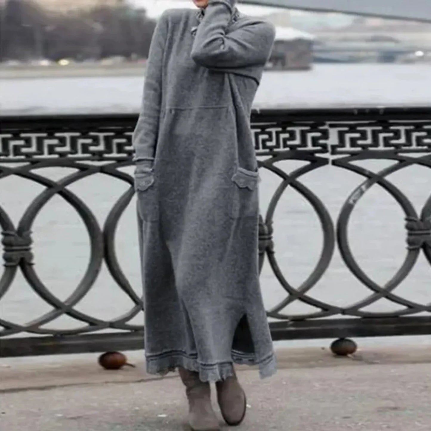 Street-Wave Cozy Winter Dress With Round Neck And Pockets For Women Warm Layering Ready
