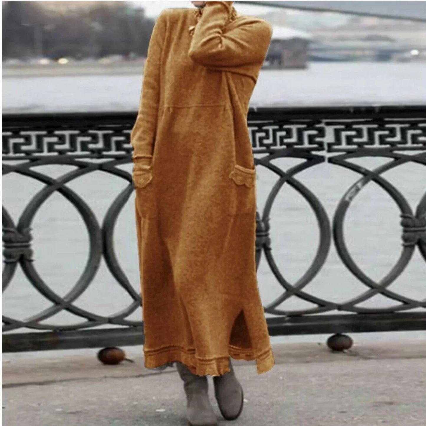 Street-Wave Cozy Winter Dress With Round Neck And Pockets For Women Warm Layering Ready