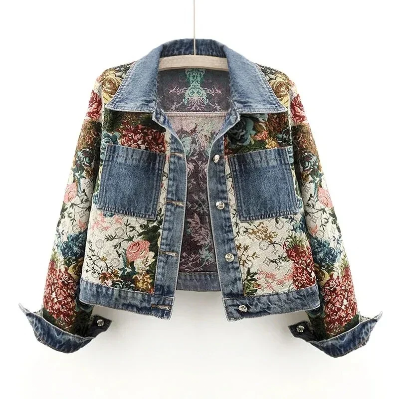 Street-Wave Floral Denim Jacket For Women Hand Painted Flowers Organic Cotton Boho Vintage Style