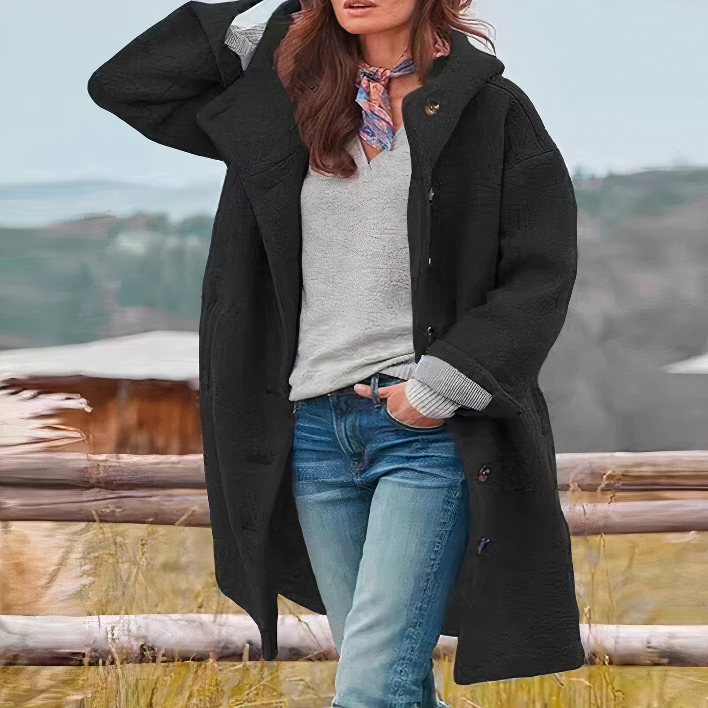 Street-Wave Wool Blend Coat Oversized Knee-Length With Button Closure For Women Warm And Stylish