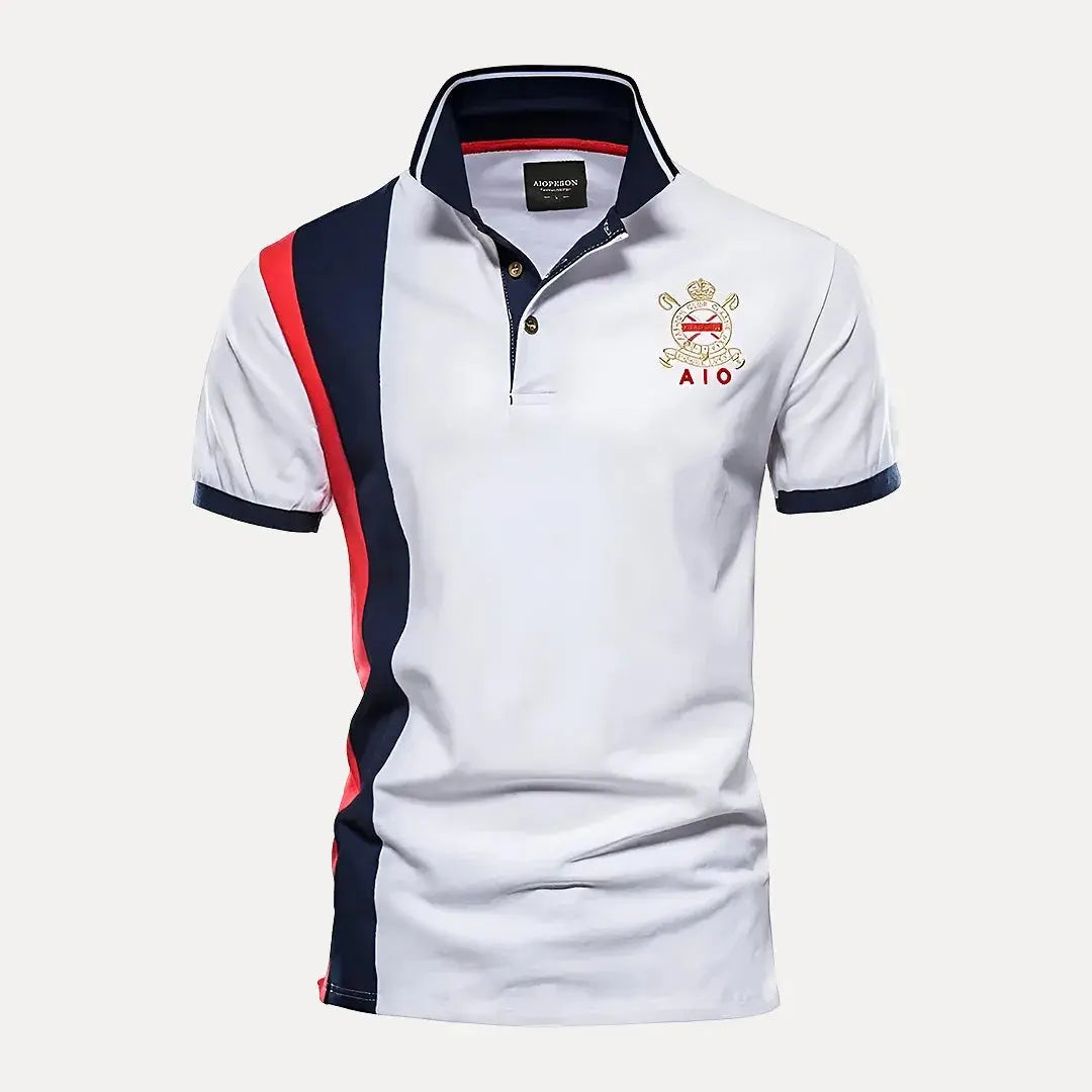 Aaron Men's Premium Royal Polo Shirt With Crest Embroidery Navy And Gold Colorblock Design