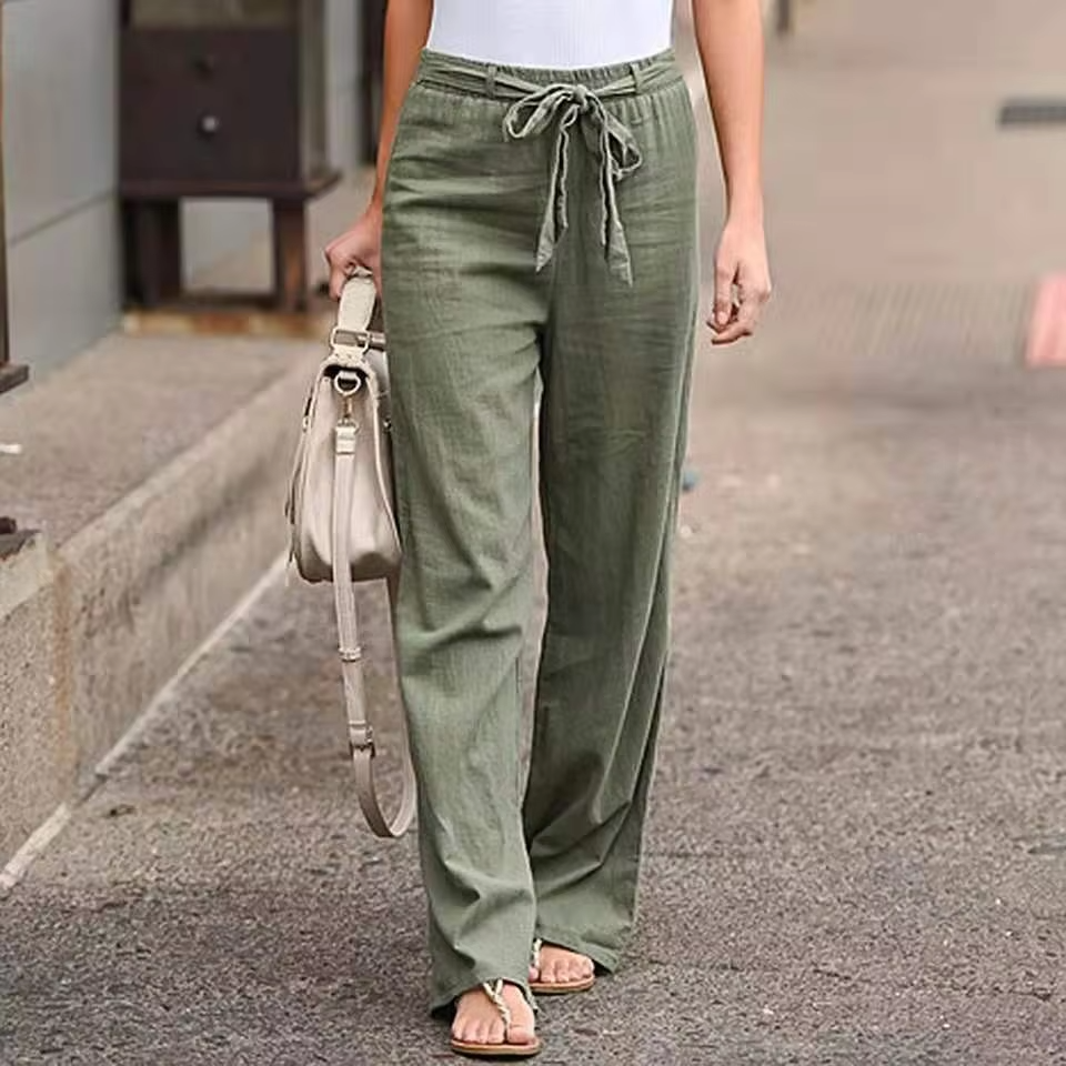 Women's Cotton Linen Wide Leg Pants with Elastic Waist