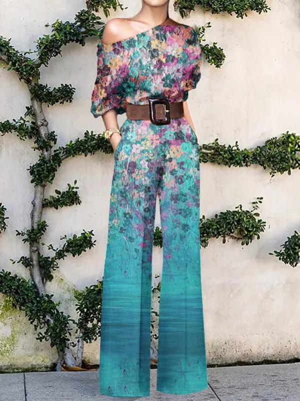 Abstract Art Jumpsuit Street Wave One Shoulder For Women