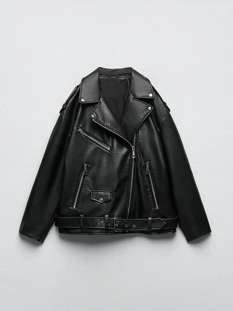 Leather Jacket For Women Street Wave Sleek Biker Style With Belt For Effortless Chic