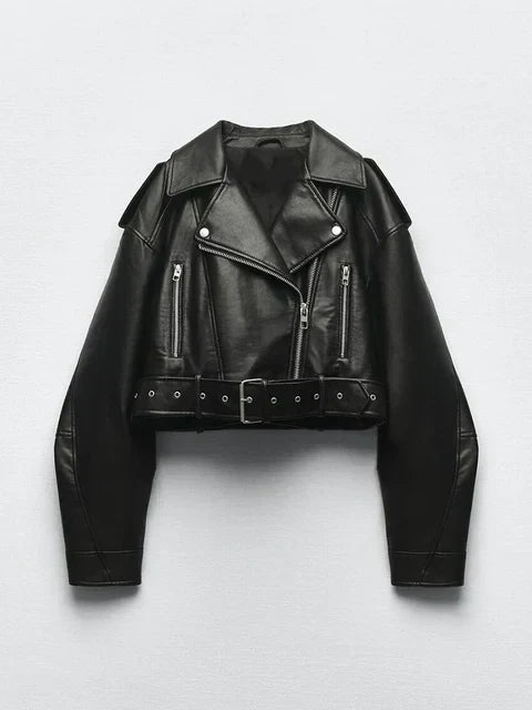 Street-wave Women's Leather Biker Jacket With Belt And Zip Retro Moto Edge For Trendy Urban Women