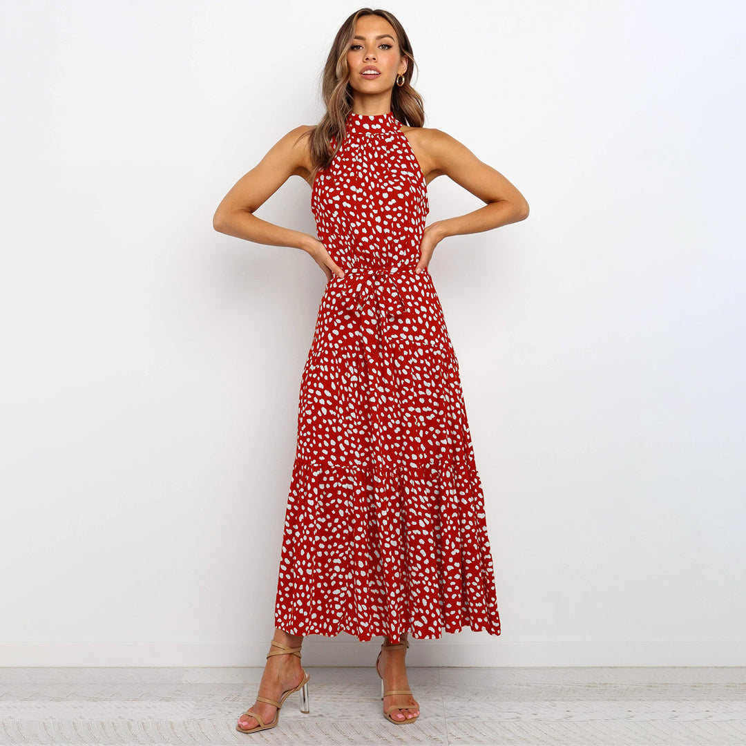 Street Wave Halterneck Maxi Dress Women Chic Polka Dots With Waistband