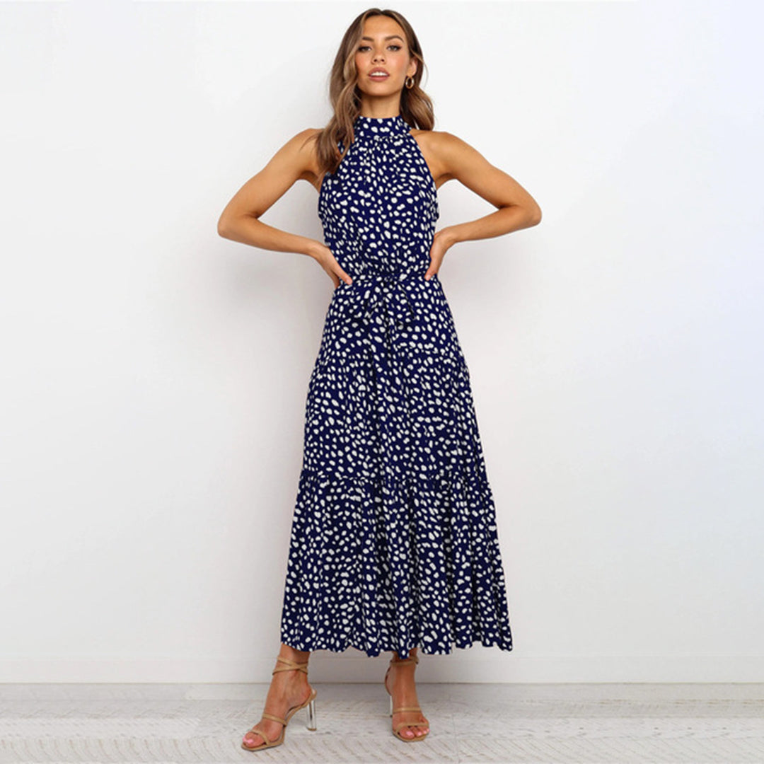 Street Wave Halterneck Maxi Dress Women Chic Polka Dots With Waistband