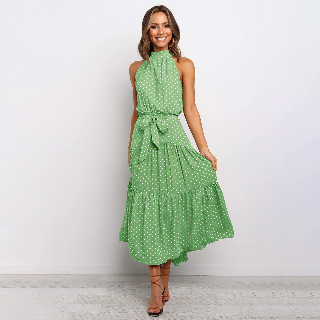 Street Wave Halterneck Maxi Dress Women Chic Polka Dots With Waistband