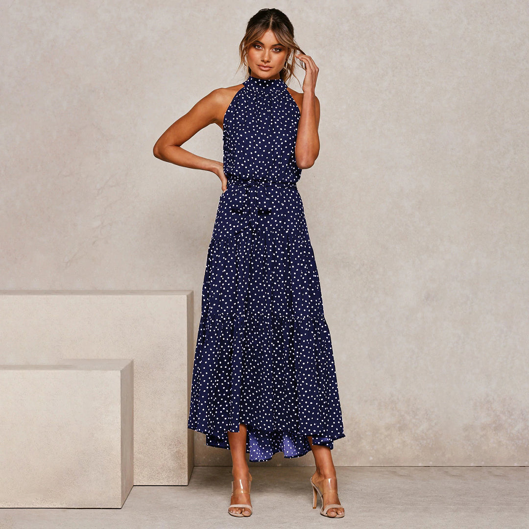 Street Wave Halterneck Maxi Dress Women Chic Polka Dots With Waistband
