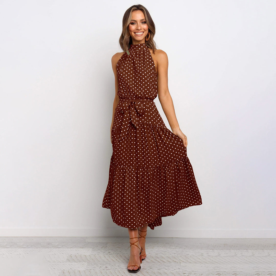 Street Wave Halterneck Maxi Dress Women Chic Polka Dots With Waistband