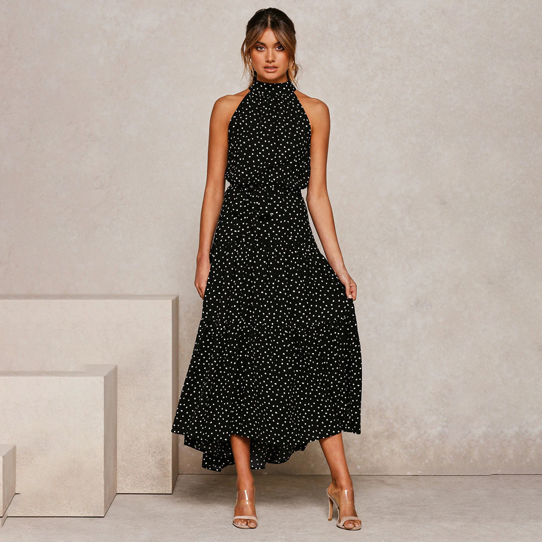 Street Wave Halterneck Maxi Dress Women Chic Polka Dots With Waistband