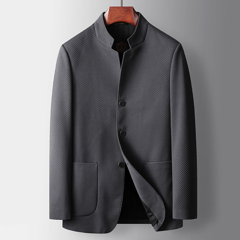 Men's Blazer Tailored Fit Wool Blend Mandarin Collar Single Breasted Formal Jacket For Modern Office Wear