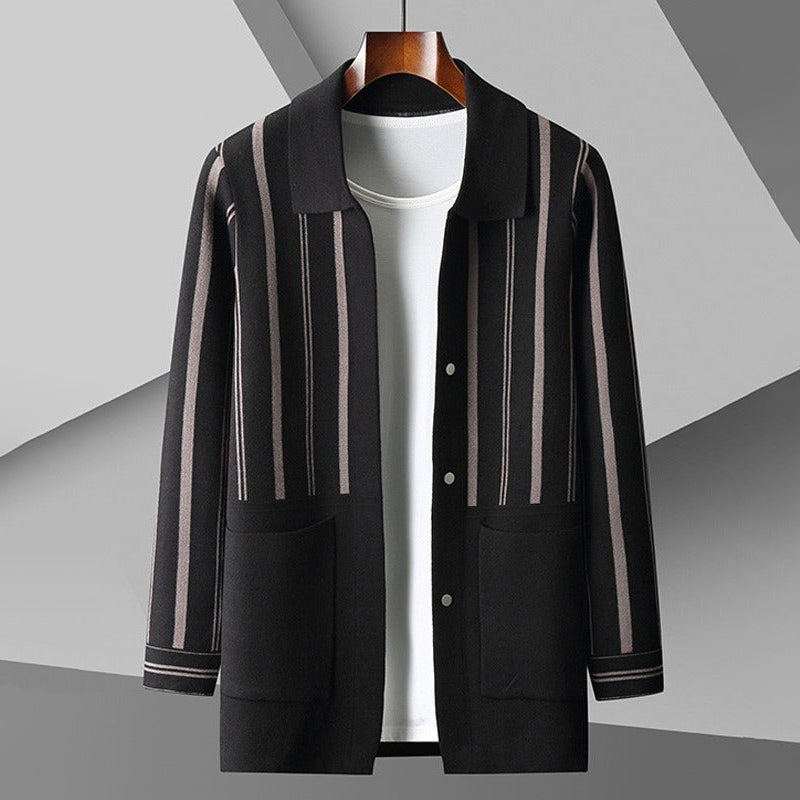 Men's Striped Wool Blend Cardigan With Relaxed Fit Button Front Pockets Layering Essential