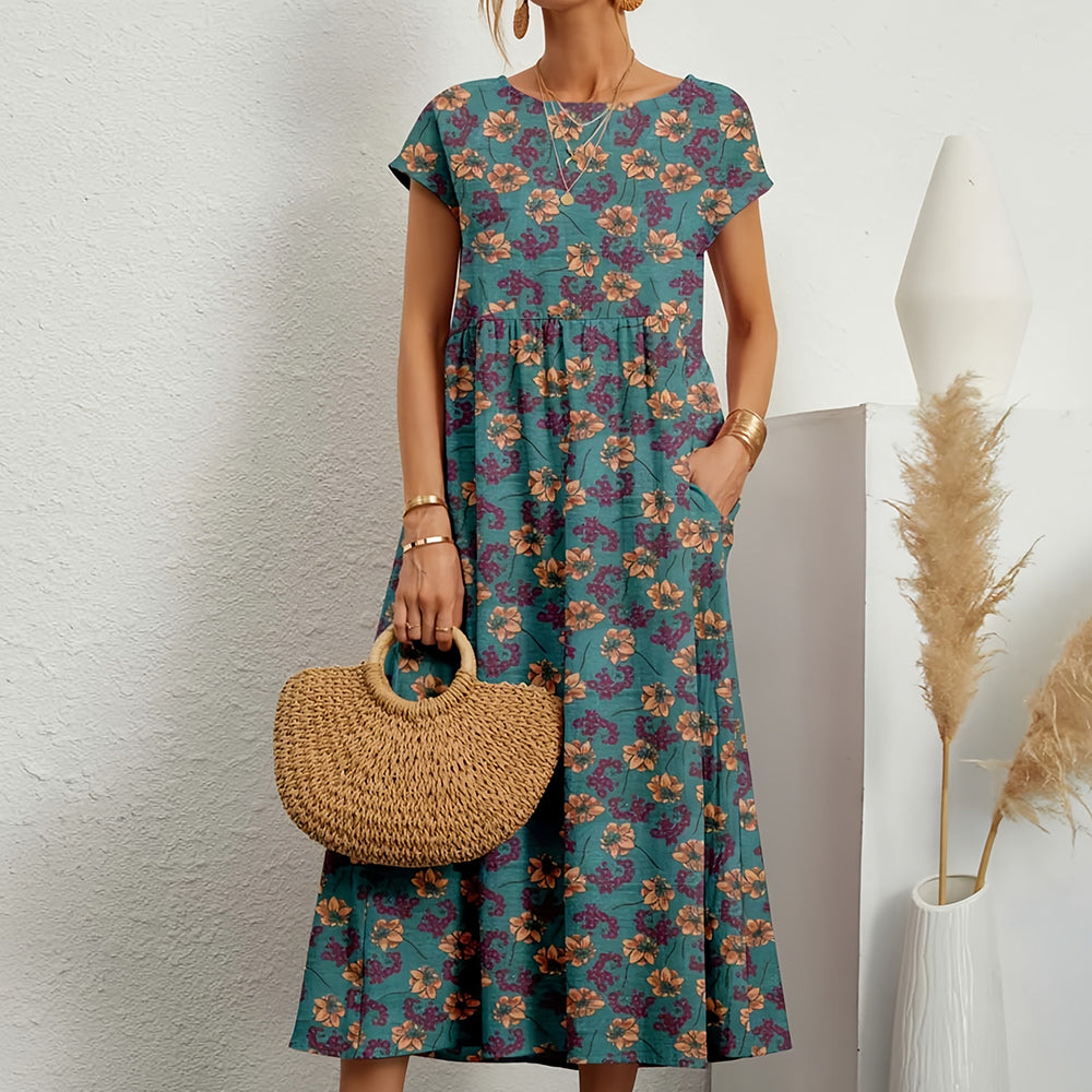 Street Wave Womens Floral Midi Dress Breathable Linen Cotton Relaxed Effortless Chic