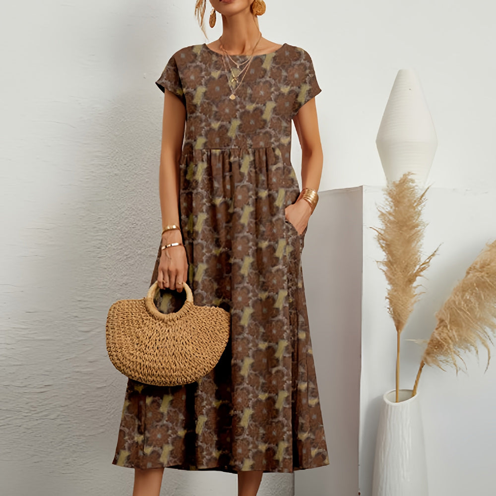 Street Wave Womens Floral Midi Dress Breathable Linen Cotton Relaxed Effortless Chic