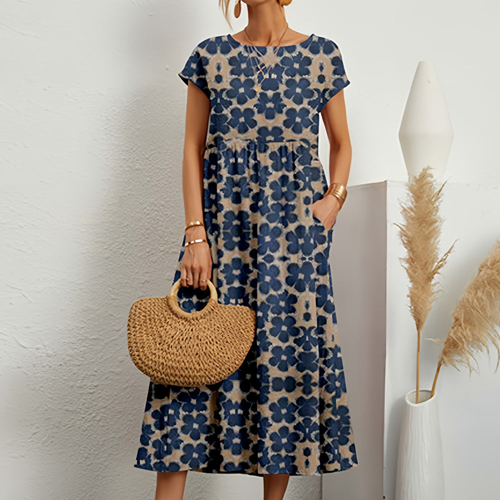Street Wave Womens Floral Midi Dress Breathable Linen Cotton Relaxed Effortless Chic
