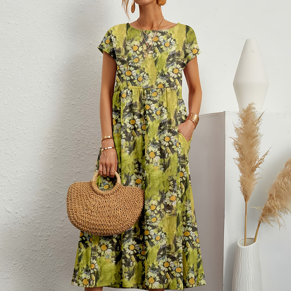 Street Wave Womens Floral Midi Dress Breathable Linen Cotton Relaxed Effortless Chic