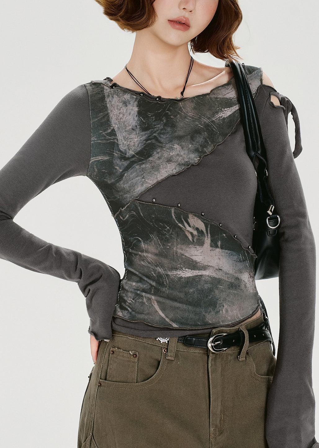 T-shirt en coton patchwork gris style américain deux pièces pour l'automne - Street-Wave
