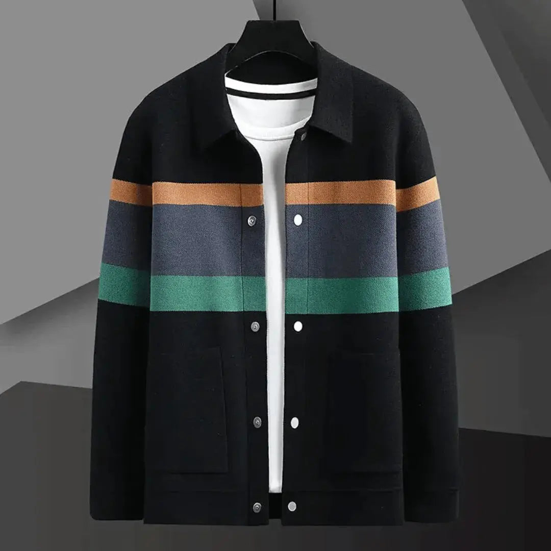 Andrei Gatti Brushed Jacquard Cardigan With Color Block Stripes Polo Style Luxury Knit