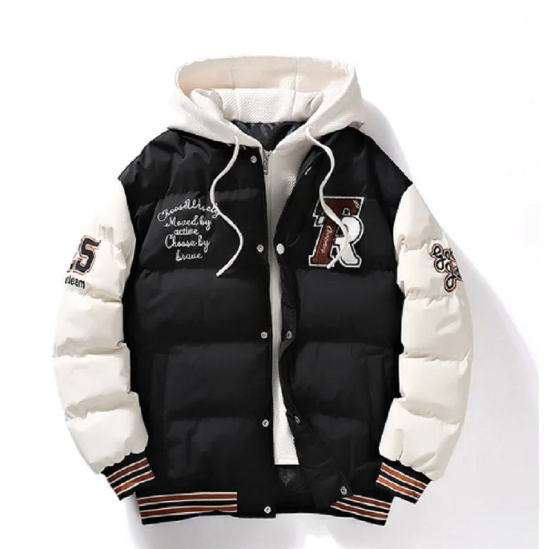 Street Wave Puffer Jacket for Men Winter Warmth Hooded Varsity Style With Patches