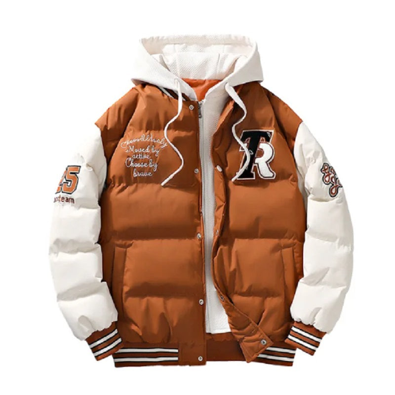 Street Wave Puffer Jacket for Men Winter Warmth Hooded Varsity Style With Patches