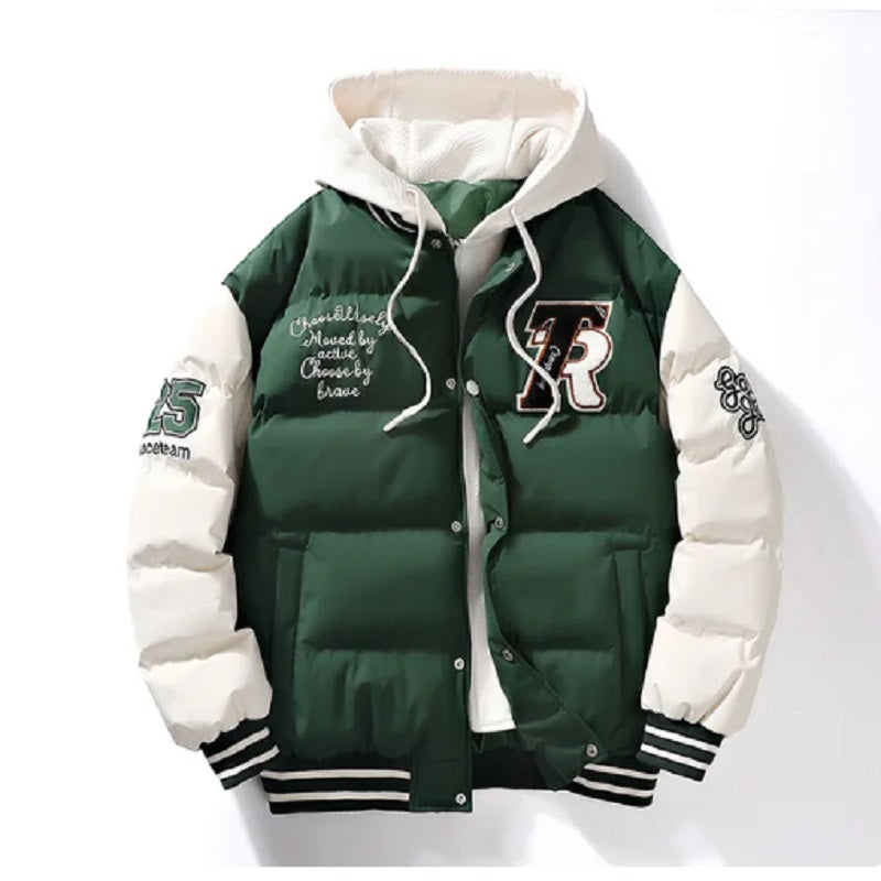 Street Wave Puffer Jacket for Men Winter Warmth Hooded Varsity Style With Patches