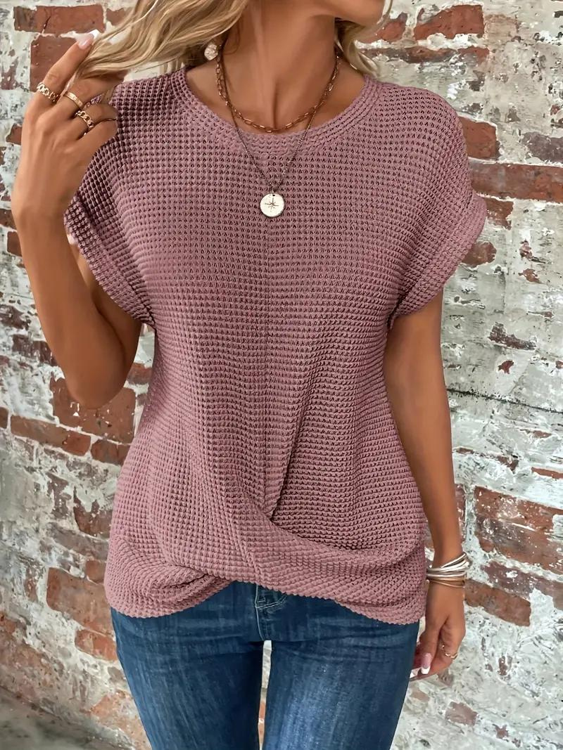 Street Wave Sophia Waffle Knit Tee With Twist Hem For Women