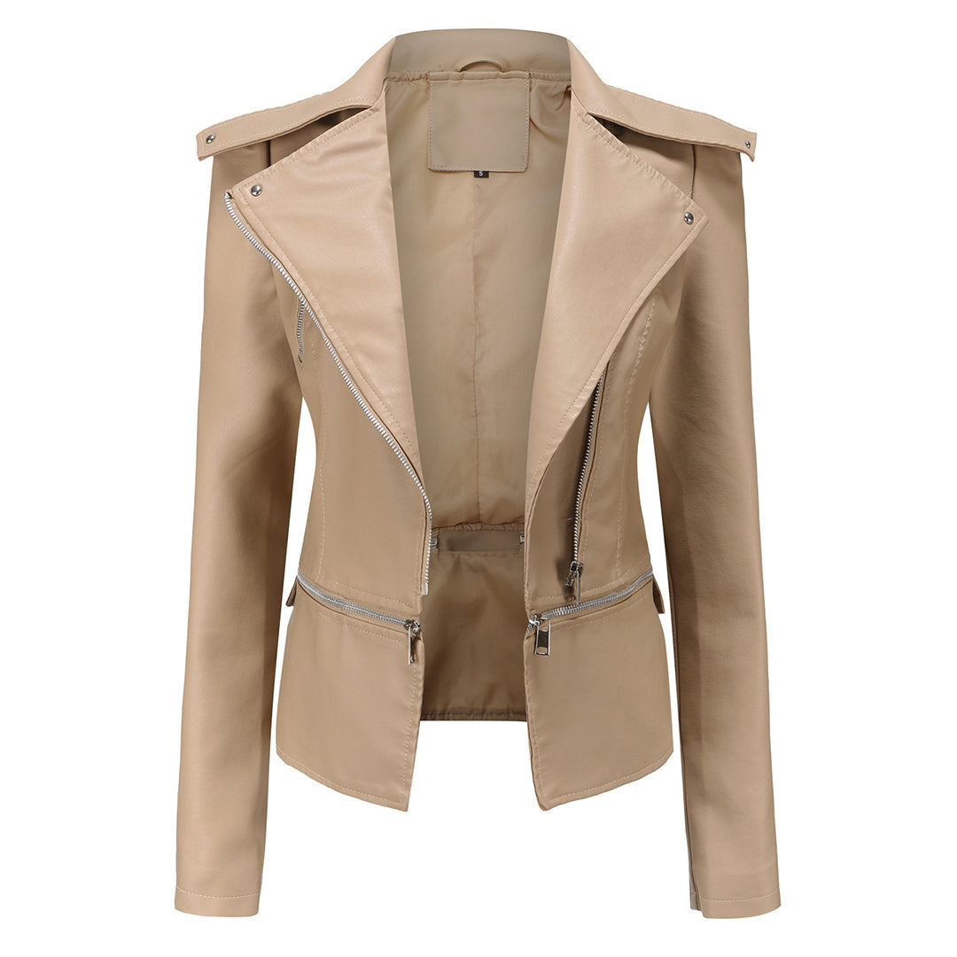 Street-wave Slim Fit Biker Jacket For Women Sleek Modern Edgy Look With Bold Zipper Details