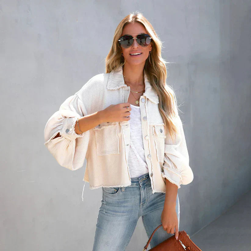 Street Wave Cropped Denim Jacket With Frayed Hem For Women Waist Flattering Fit Streetwear Style