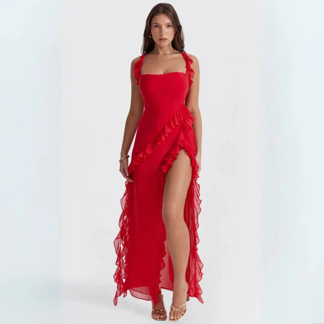 Waylynn Ariela Ruffle Trim High Slit Maxi Dress Glam For Women