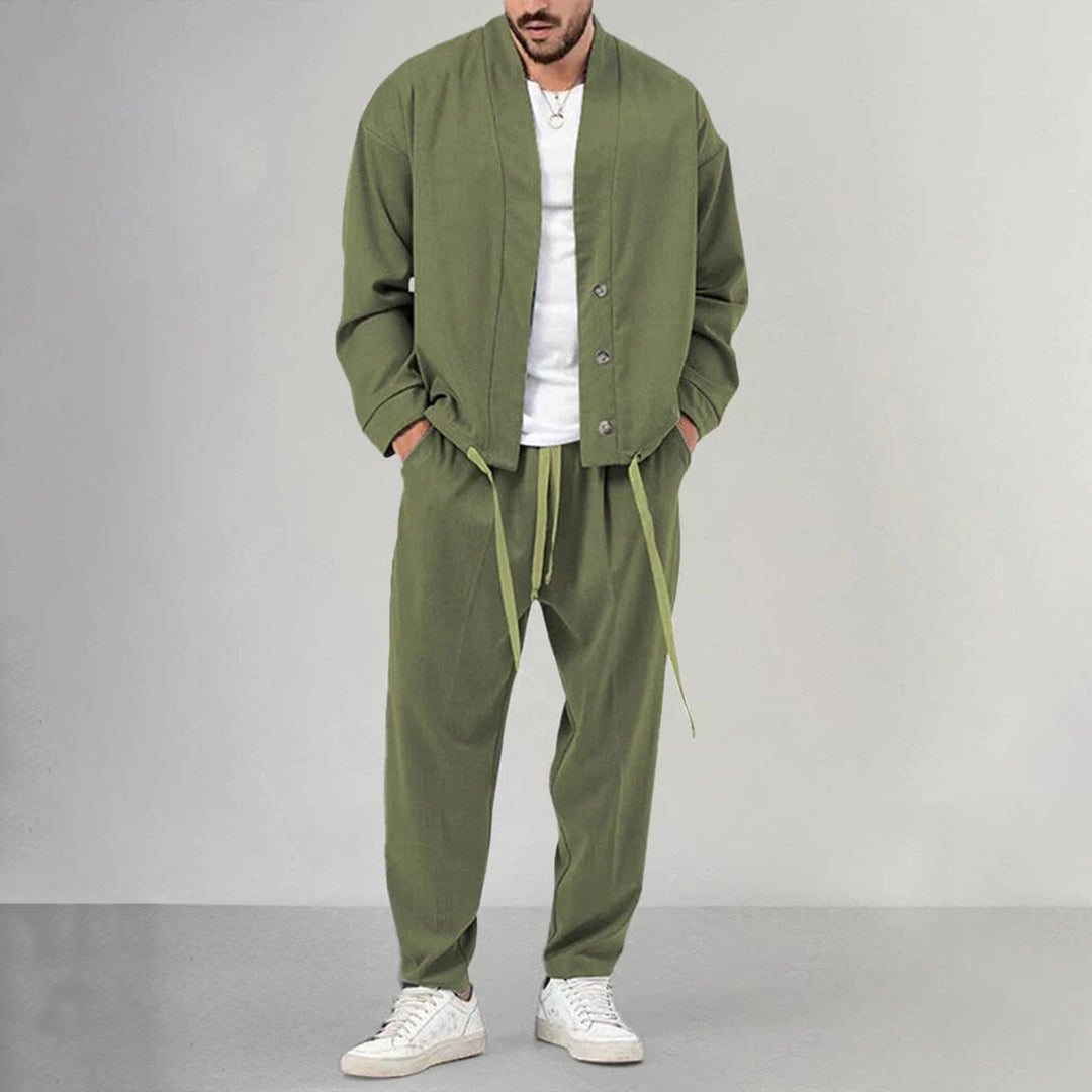 Street-wave Men's Olive Green Suit Set with Relaxed Jacket and Drawstring Pants