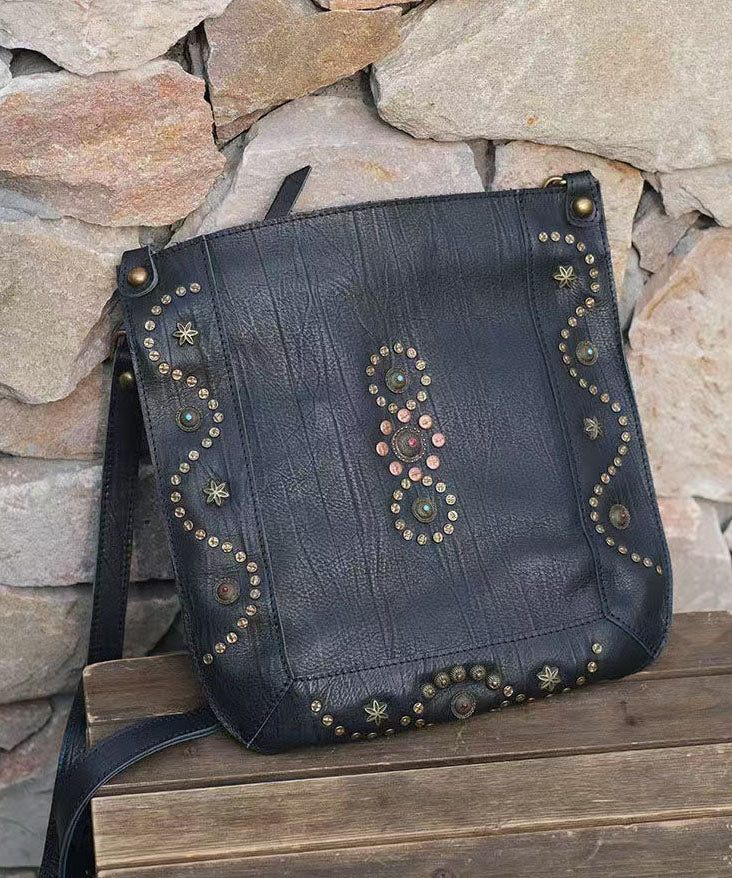 Sac messager à bandoulière en cuir solide et durable avec rivets noirs Art - Street-Wave