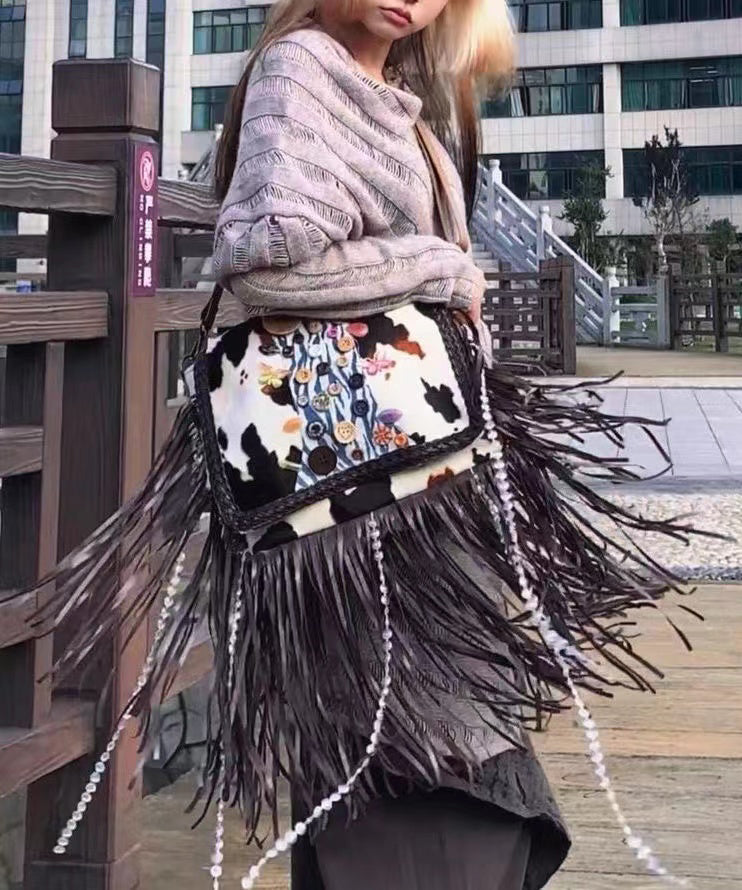 Sac messager en simili-daim marron avec bordure à franges et boutons décorés - Street-Wave