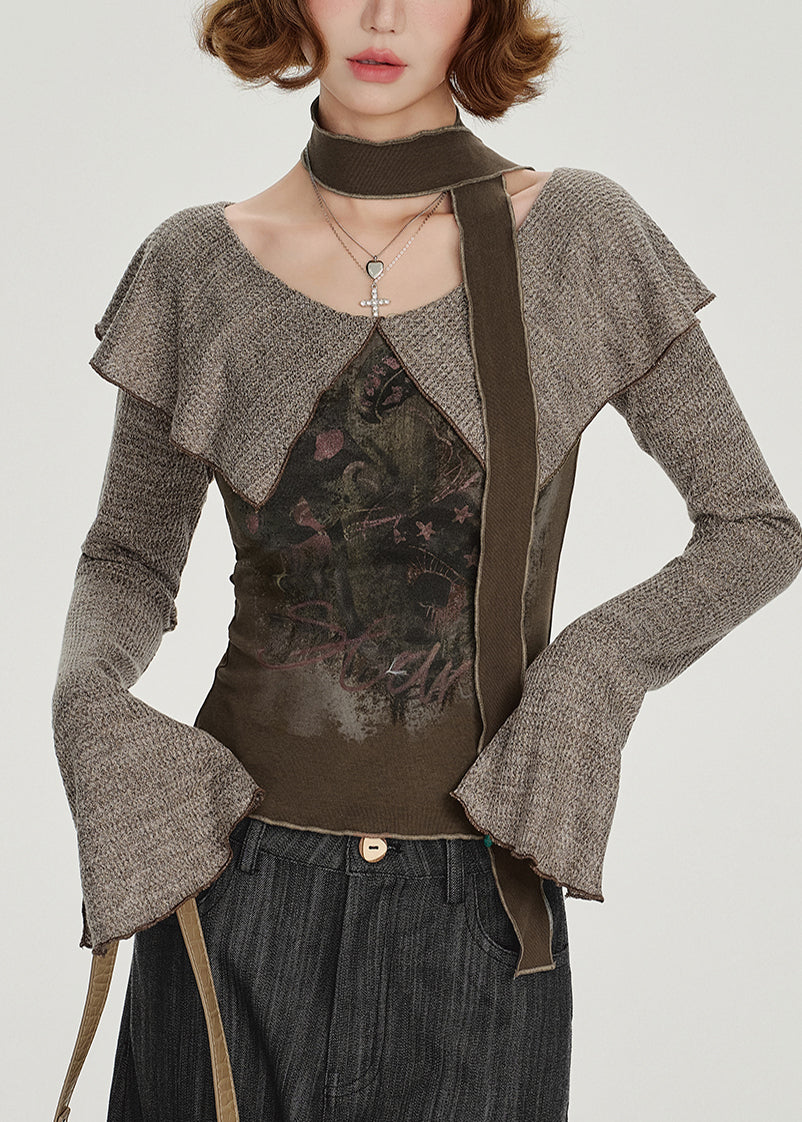 Chemise en coton patchwork à col Peter Pan Art Brown, printemps - Street-Wave