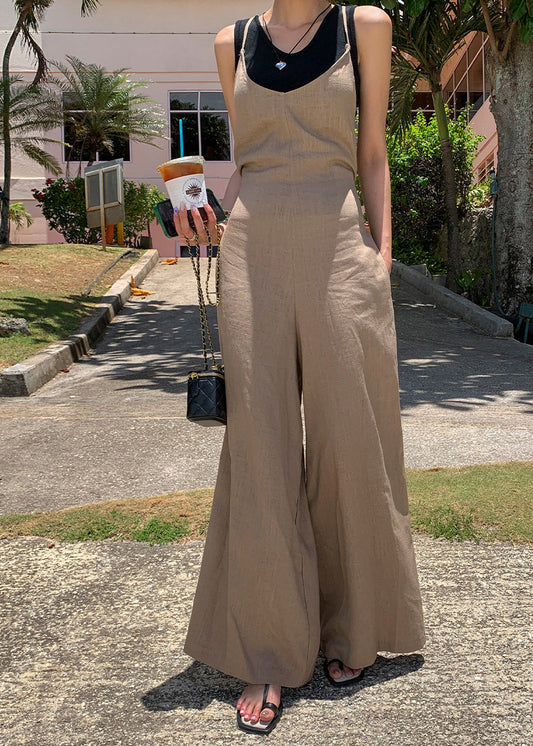 Combinaison pantalon large en coton marron avec ceinture nouée à la taille pour l'été - Street-Wave