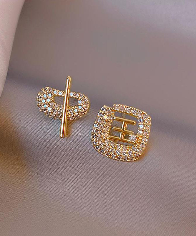 Boucles d'oreilles à clous asymétriques en or 14 carats avec zircons et caractères chinois - Street-Wave