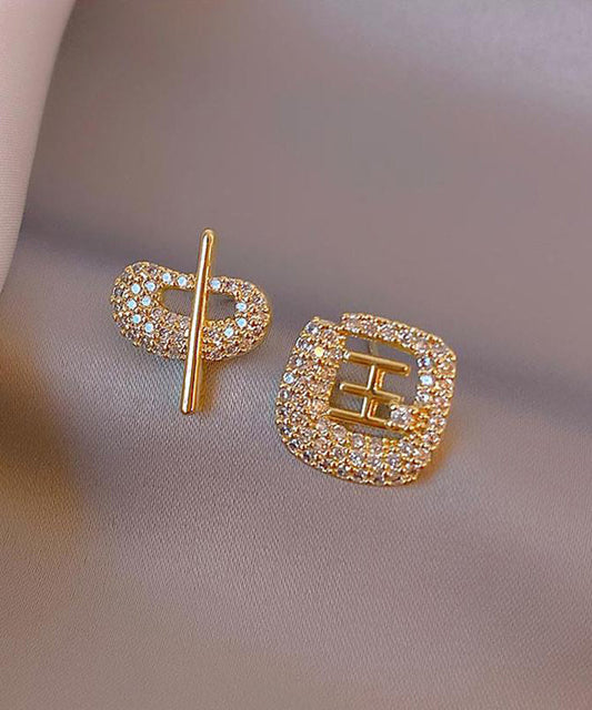 Boucles d'oreilles à clous asymétriques en or 14 carats avec zircons et caractères chinois - Street-Wave