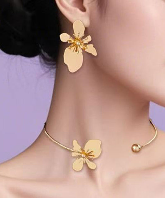 Ensemble de deux boucles d'oreilles à tige et tour de cou en alliage de cuivre doré et floral - Street-Wave