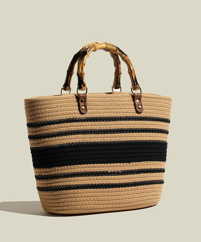 Sac fourre-tout en paille tissée à rayures kaki Art, grande capacité - Street-Wave