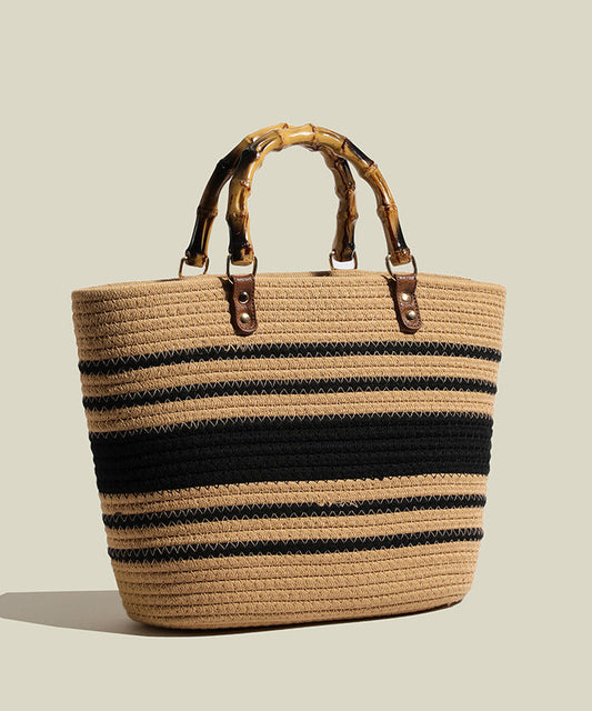 Sac fourre-tout en paille tissée à rayures kaki Art, grande capacité - Street-Wave