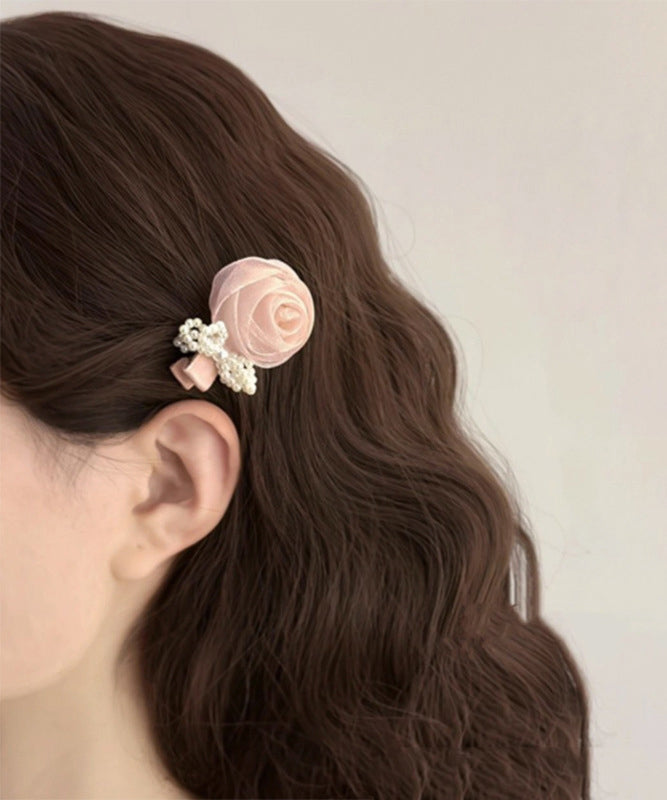 Épingle à cheveux en mousseline de soie rose avec nœud en forme de rose et perles - Street-Wave