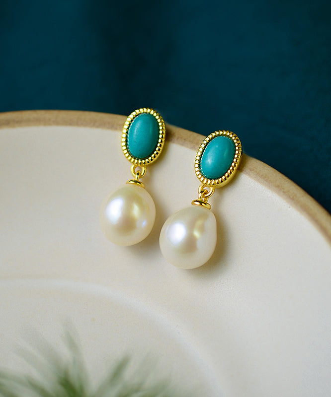 Boucles d'oreilles pendantes en argent sterling et perles turquoise surdorées Art White - Street-Wave