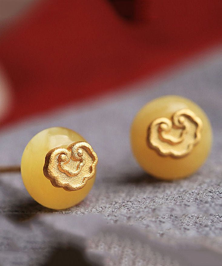 Boucles d'oreilles à tige en cire d'abeille en or jaune antique avec serrure de bons vœux - Street-Wave