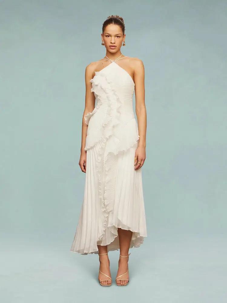 Street Wave One Shoulder Pleated Maxi Dress For Women Elegant Evening
