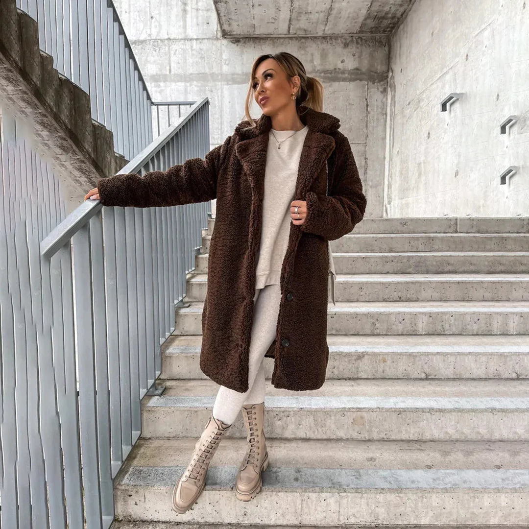 Street-Wave Teddy Coat For Women Warm Cozy Faux Wool Blend With Single Breasted Button Closure