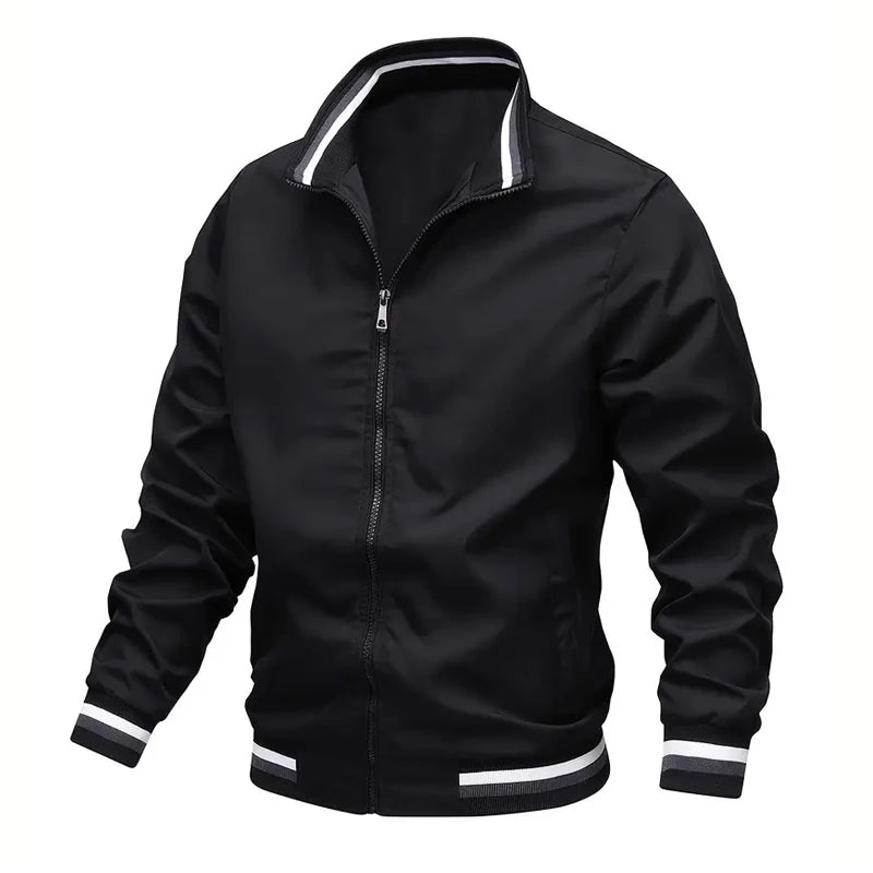 Autumn Mens Lightweight Windbreaker Jacket With Stand Collar And Striped Cuffs And Hem By Street-Wave